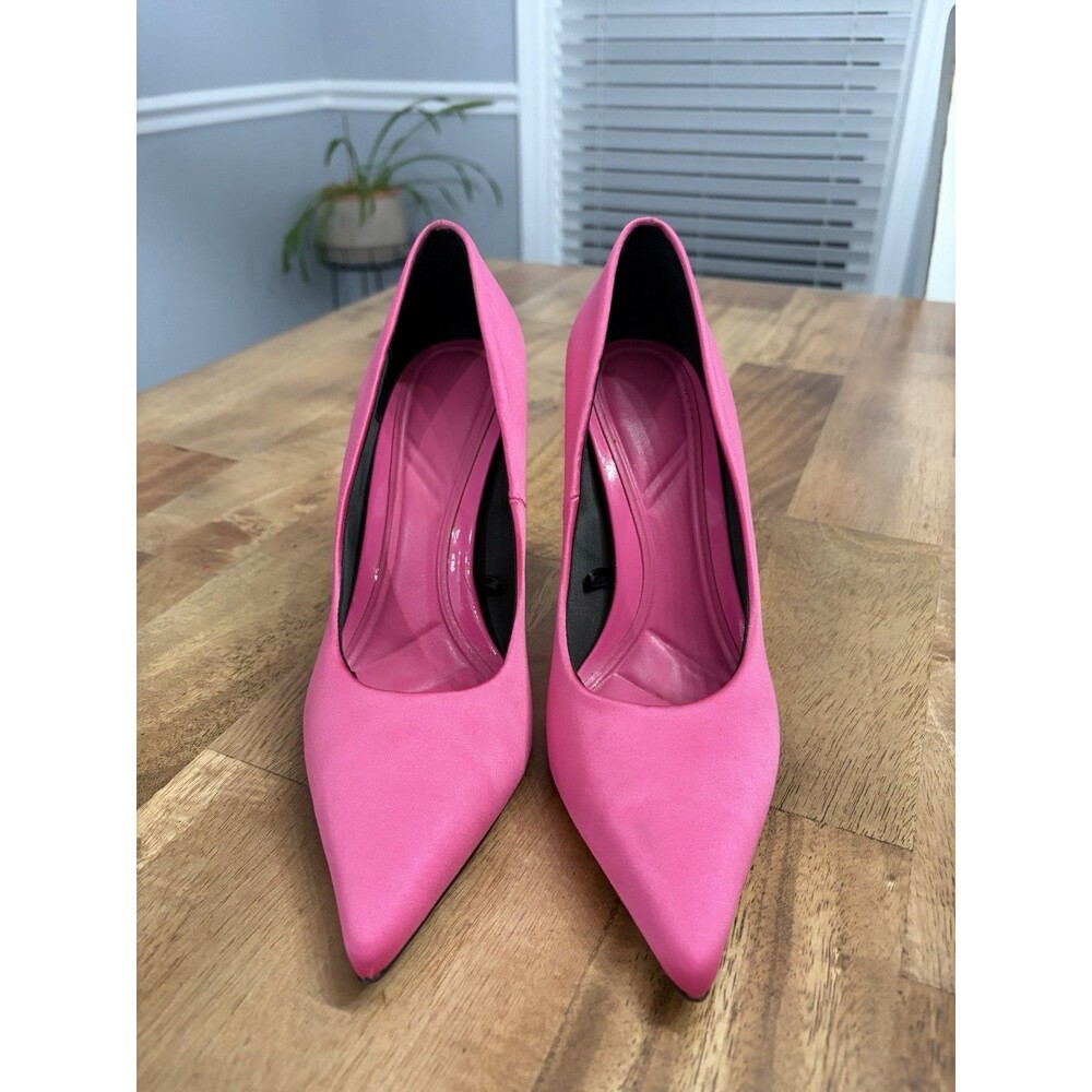 Zara Fuscia Hot  Pink Satin High Heels Pointed Toe Love Pumps Shoes Sz 37/US 6.5
